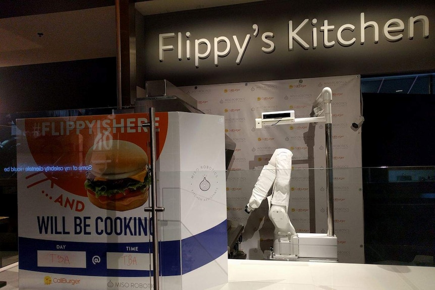 Flippy the burger-flipping robot sits idle at a Caliburger restaurant in California.