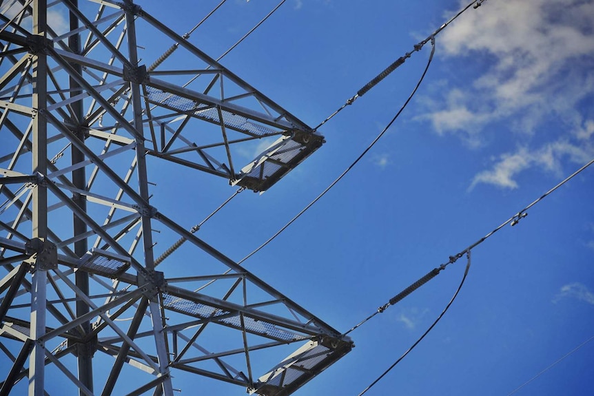 Close-up of high tension power lines and blue sky at Oxley Creek Common at Rocklea on Brisbane's southside.