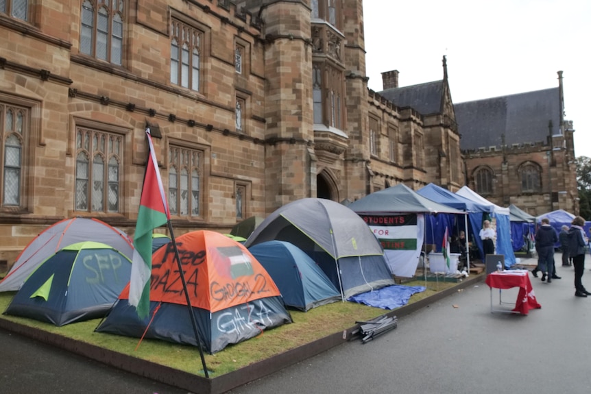 About half a dozen tents on a university green in front of a sandstone building.