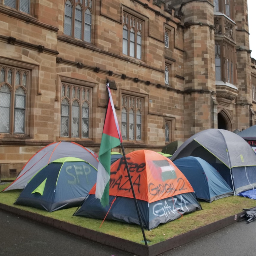 About half a dozen tents on a university green in front of a sandstone building.