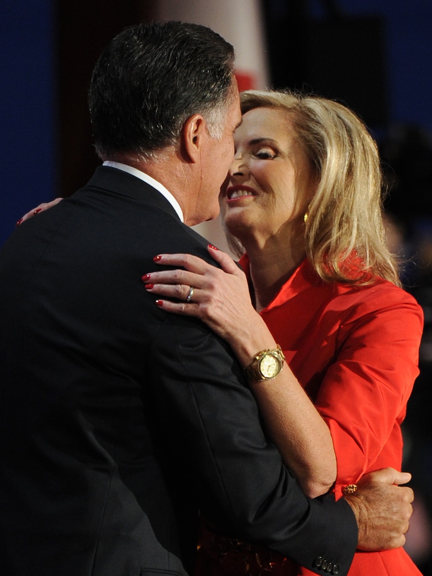 Presidential candidate Mitt Romney and wife Ann embrace at the 2012 Republican National Convention.