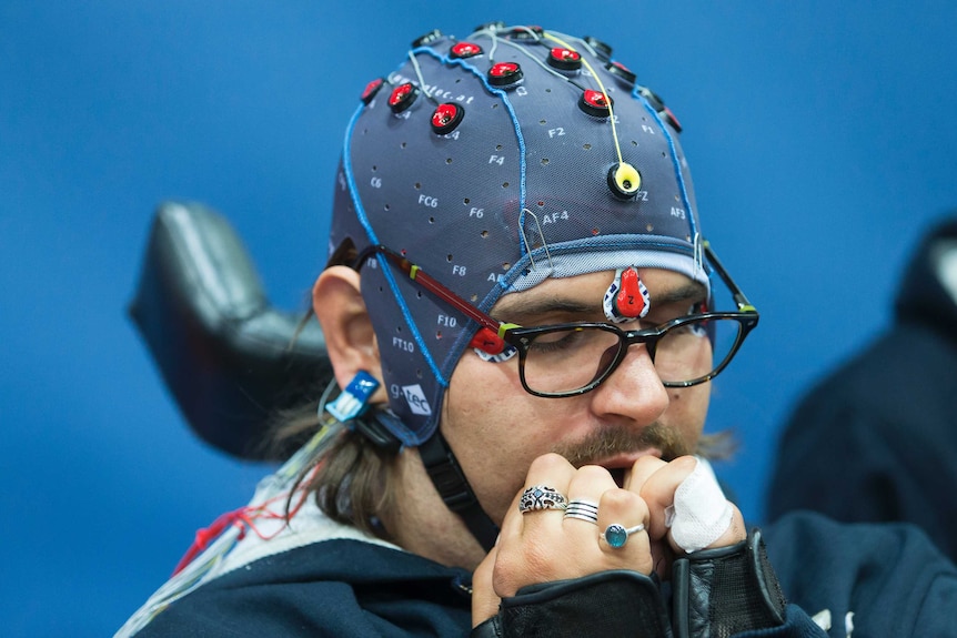 Brain Tweakers competitor concentrates during the brain computer interface race at Cybathlon