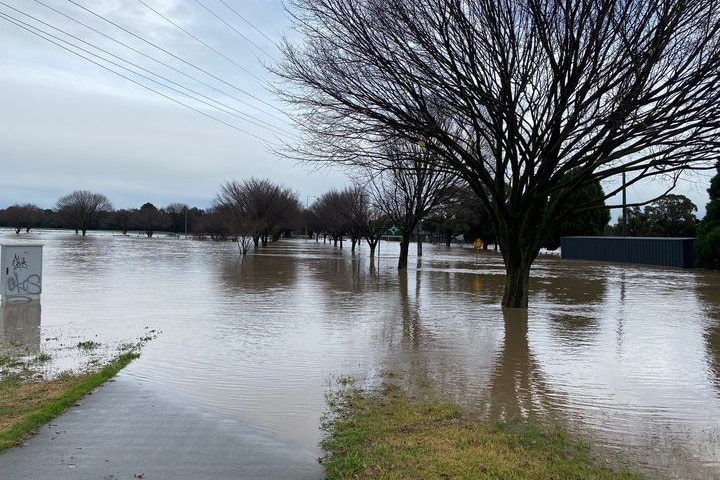A street in a country town totally inundated by floodwater.