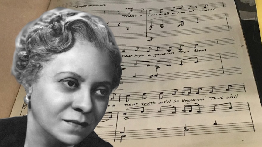 A black and white portrait photo of the composer Florence Price superimposed on a page of handwritten music.