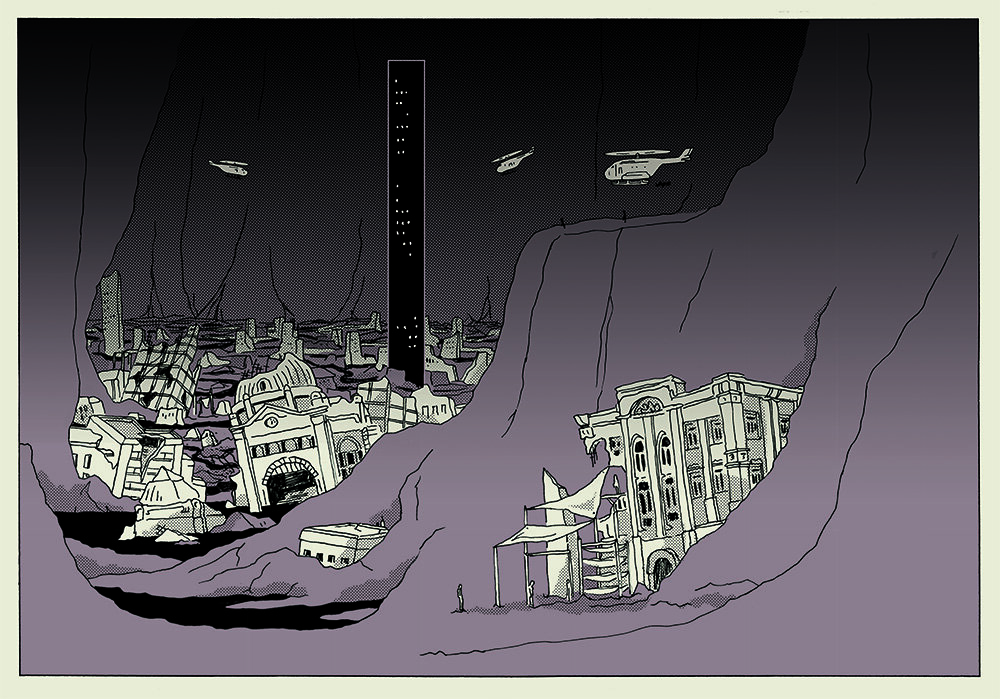 A black, white and brown illustration of cavernous terrain with building ruins tall surrounding black tower and helicopters.