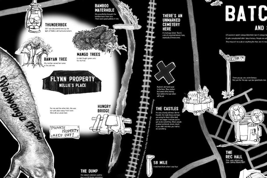 Part of a not-to-scale artwork depicting the town of Batchelor NT. Black and white sketches.