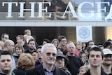 Fairfax staff demonstrate outside The Age over the outsourcing of editorial production jobs.