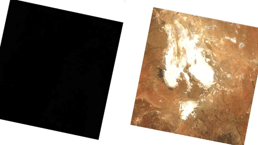 Black image on left and photoshopped image on right show white Lake Eyre surrounded by brown land.