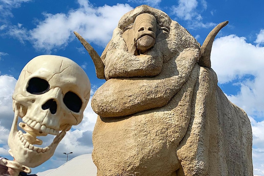 A skeleton wearing a white shirt stands in front of a gigantic merino sculpture.