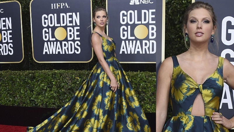 A composite image of Taylor Swift wearing a floor-length dark blue ballgown with yellow flowers, the dress has a long train.