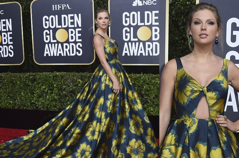 A composite image of Taylor Swift wearing a floor-length dark blue ballgown with yellow flowers, the dress has a long train.