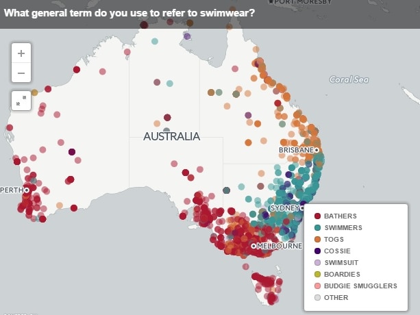 Mapping words around Australia: What general term do you use to refer to swimwear?
