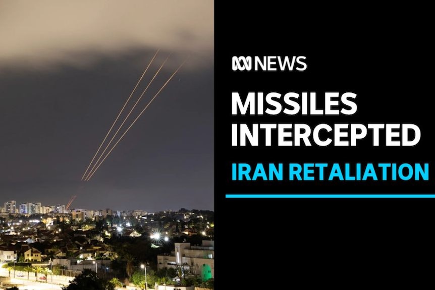 Missiles Intercepted, Iran Retaliation: Streaks of light over a cityscape at night.
