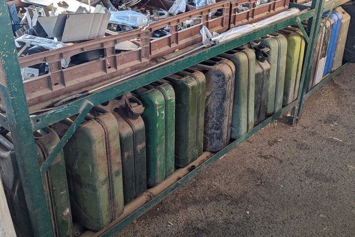 Jerry cans of all varieties and ages at Eaglehawk Recycle Shop.