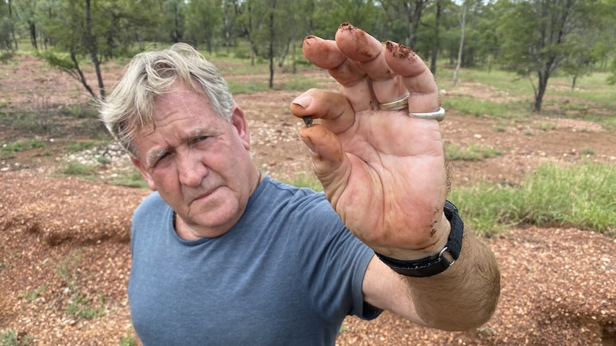 A man with grey hair and a blue shirt looks at a gem he's holding in his fingers.