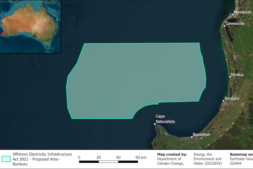 A map of the proposed zone for the South West offshore wind farm, stretching from just below Dawesville, to Busselton.