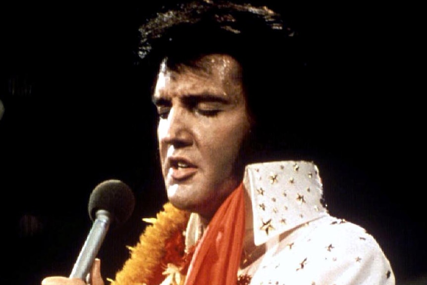 Elvis Presley performs in concert during his "Aloha From Hawaii" 1972 television special.