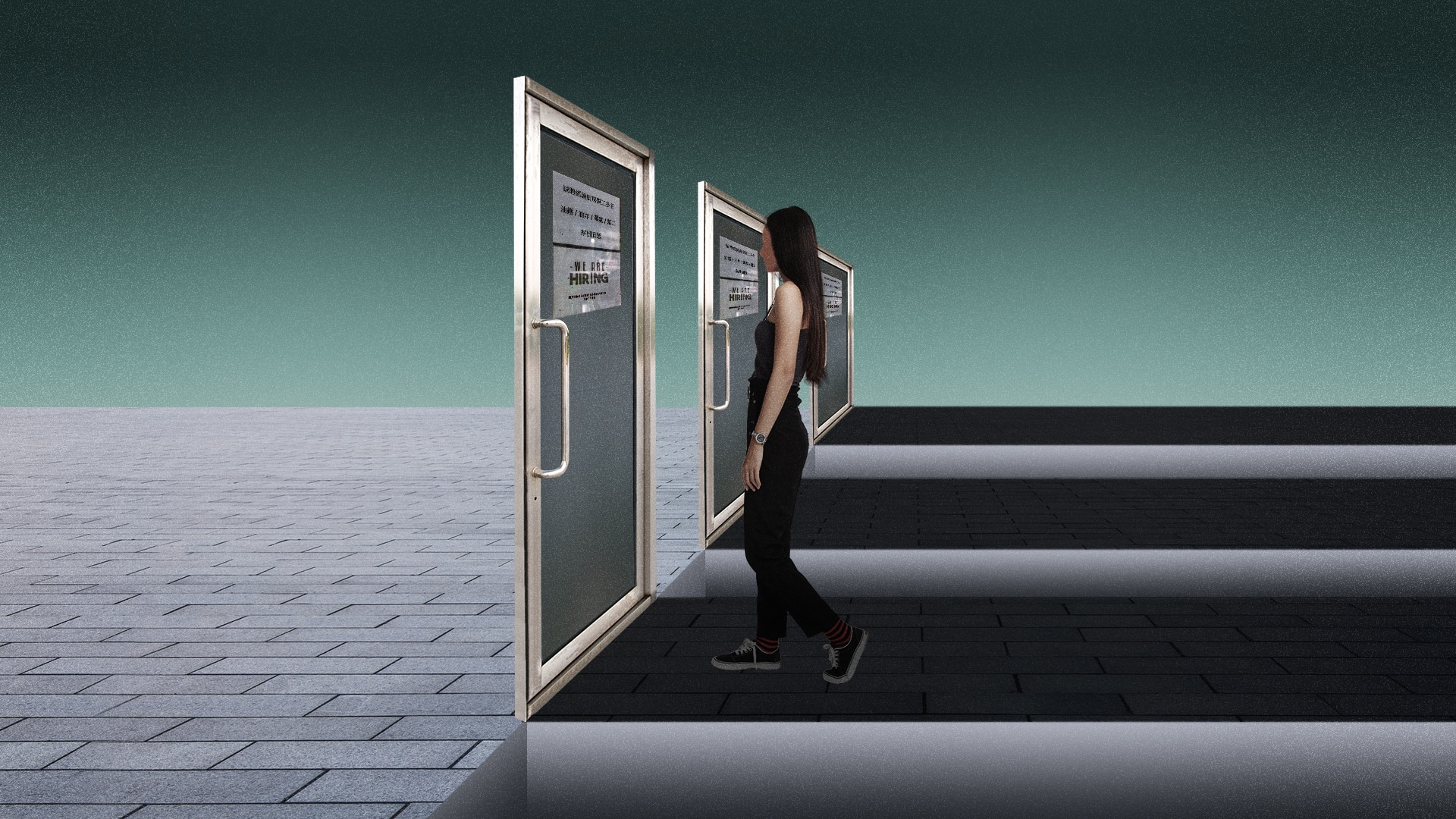 Graphic of a female walking into a "we're hiring" door.