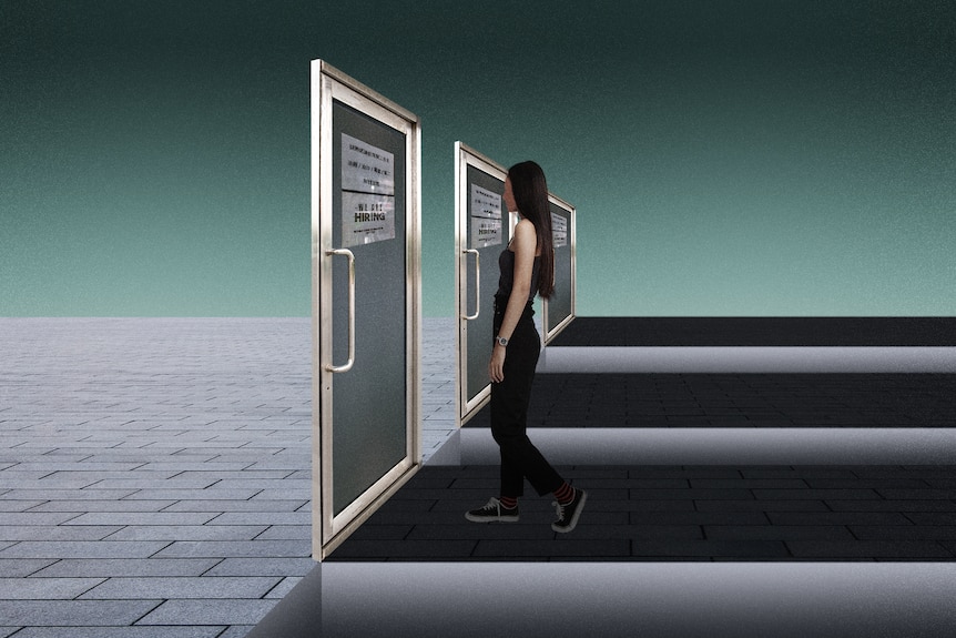 Graphic of a female walking into a "we're hiring" door.