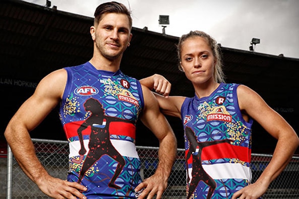 The Western Bulldogs' 2016 Indigenous Round guernsey, which was designed by the Pitcha Makin Fellas artist collective