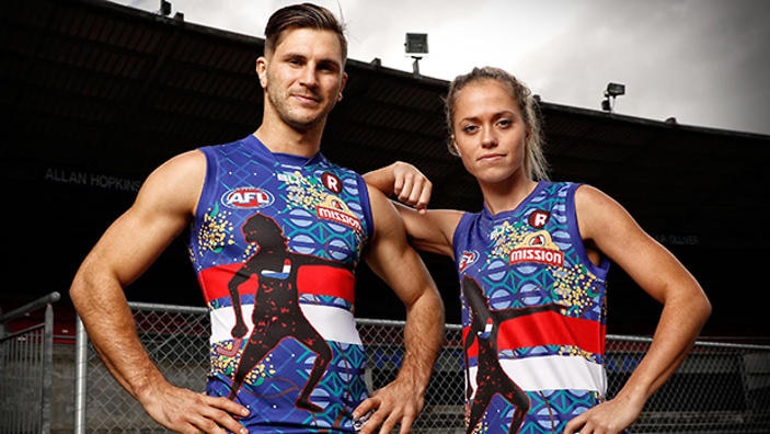 The Western Bulldogs' 2016 Indigenous Round guernsey, which was designed by the Pitcha Makin Fellas artist collective