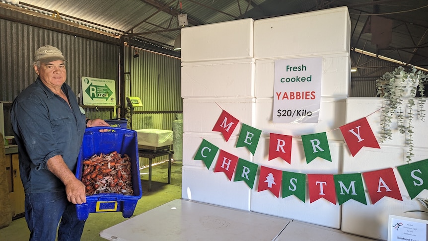 A burly older white man, Garry Warrick, holds a box of fresh yabbies in front of christmas bunting.