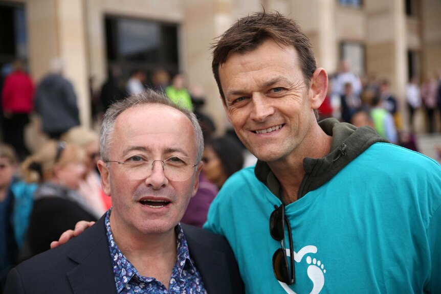 Andrew Denton and Adam Gilchrist outside WA Parliament.