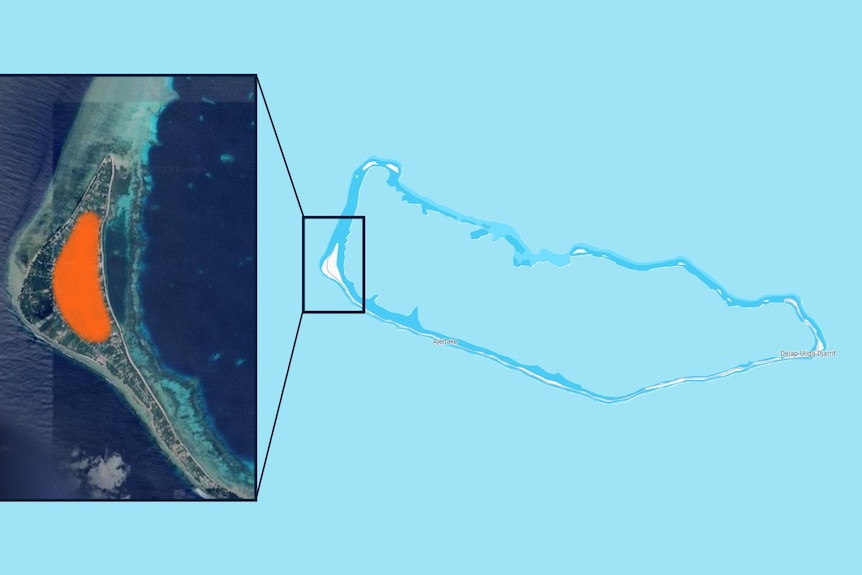 A map of Majuro atoll and an inset showing an orange shaded region