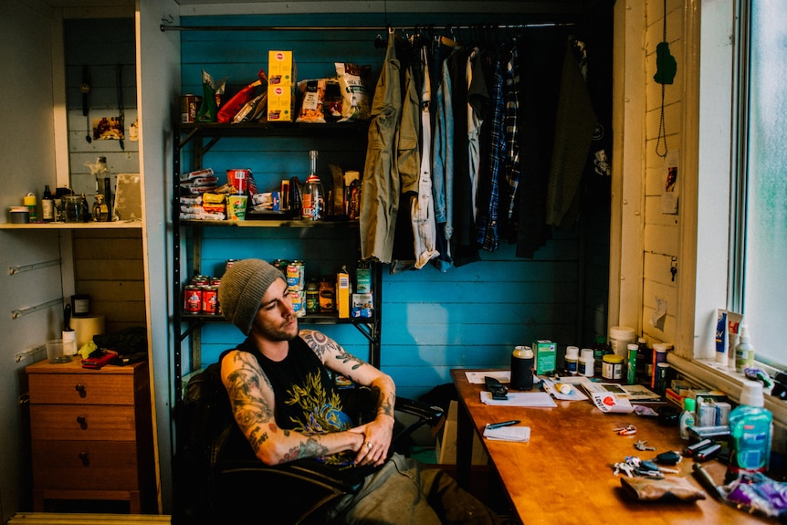 Eli Roth in a room in his house that is now his bedroom, lounge room and pantry