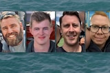 four images of four different men superimposed over an image of a still ocean