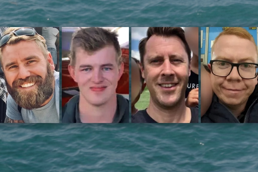 four images of four different men superimposed over an image of a still ocean