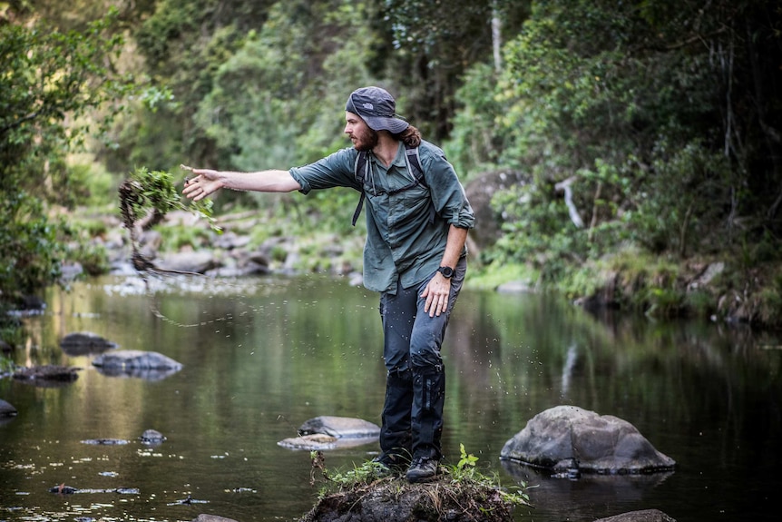 A young man stands on a rock in a river and throws a small plant.