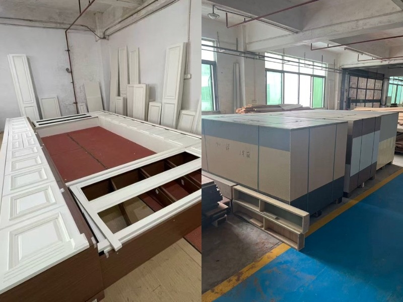 Kitchen cabinets before and after they were packed for shipping.