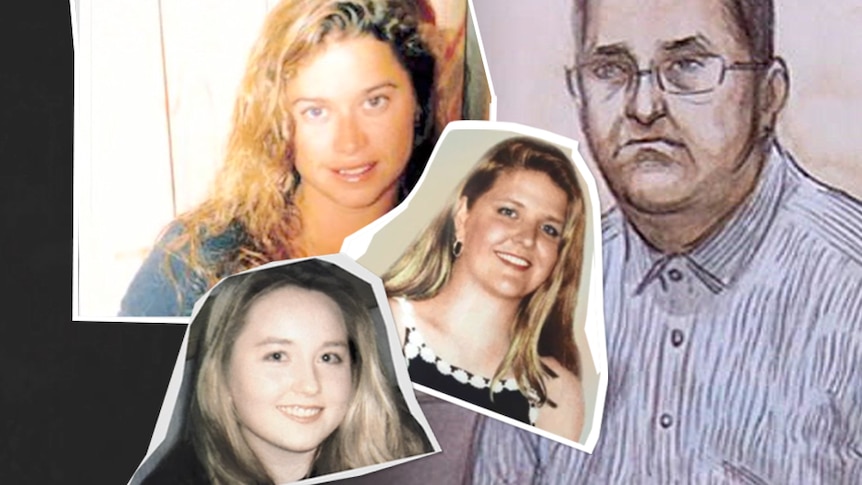 Cut out photos of three women next to a court sketch of a man with glasses.