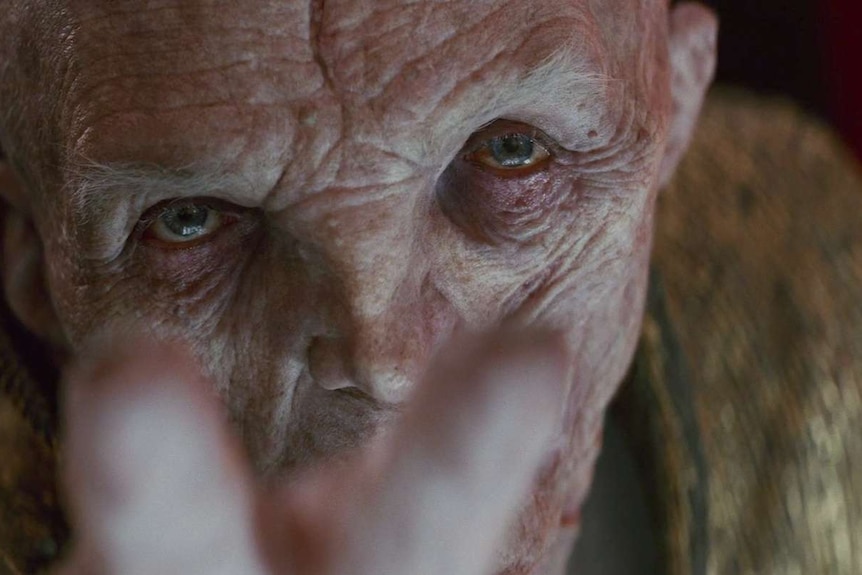 A close-up of Supreme Leader Snoke's face.