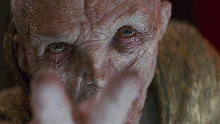 A close-up of Supreme Leader Snoke's face.