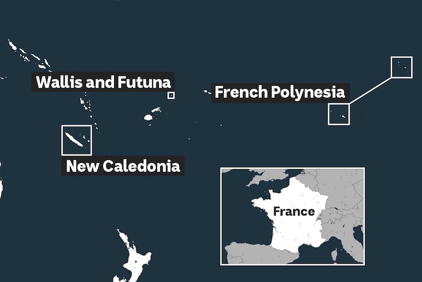 You view a map of the South Pacific, with New Caledonia, Wallis and Futuna, and French Polynesia highlighted.