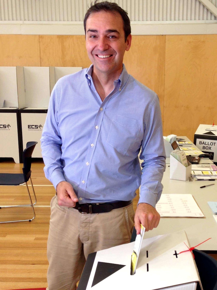 South Australian Liberal leader Steven Marshall casts his vote