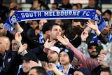 A South Melbourne fan holds up his scarf in the crowd during the FFA Cup semi-final against Sydney FC in 2017.