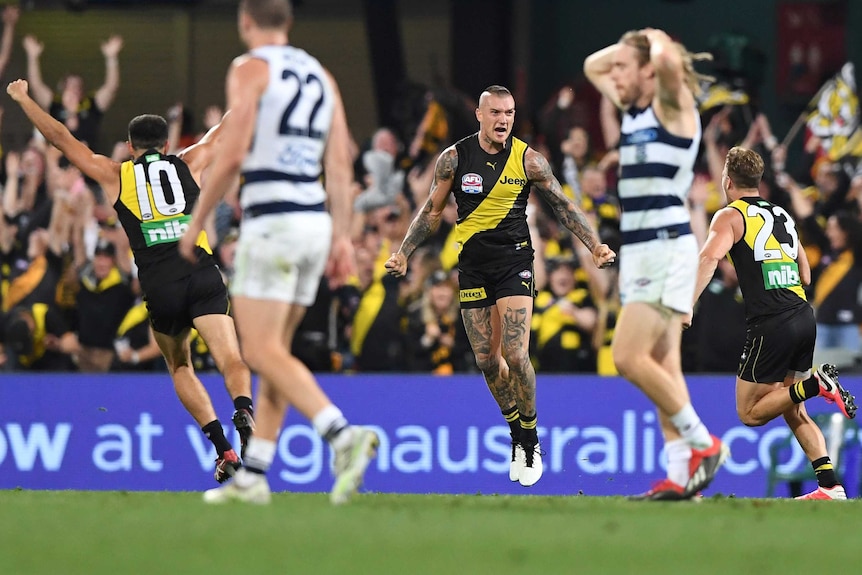 Dustin Martin roars with delight after kicking a goal for Richmond against Geelong in the AFL grand final