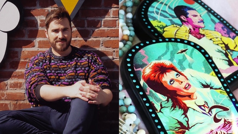 A split image shows a man sitting against a brick wall and two pop-art style illustrations of David Bowie and Freddie Mercury