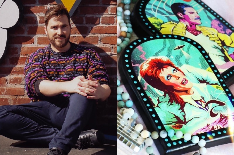 A split image shows a man sitting against a brick wall and two pop-art style illustrations of David Bowie and Freddie Mercury