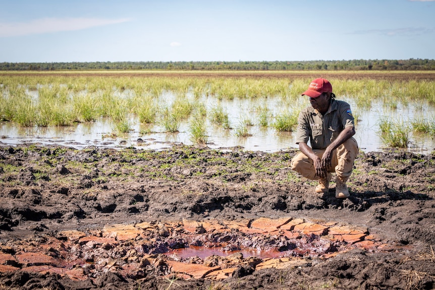 An Aboriginal ranger squats beside a muddy buffalo wallow encroaching a natural floodplain that stretches behind him. 