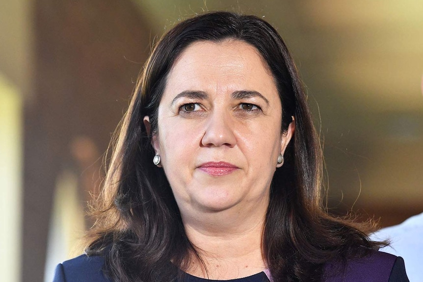 Queensland Premier Annastacia Palaszczuk looks serious at a media conference in Proserpine in north Queensland