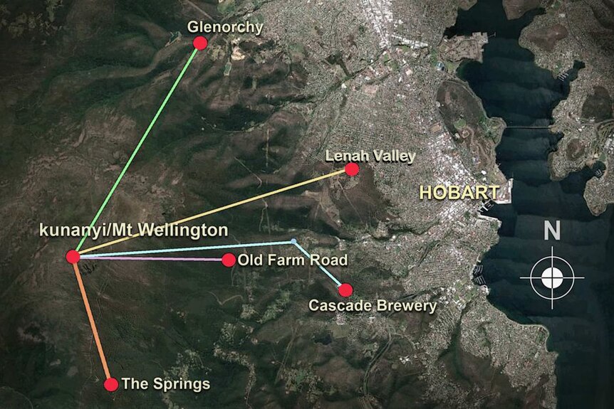 Map showing potential routes for kunanyi/Mt Wellington cable car project.
