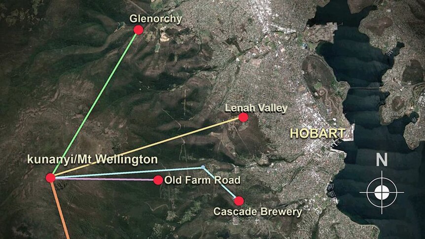 Map showing potential routes for kunanyi/Mt Wellington cable car project.
