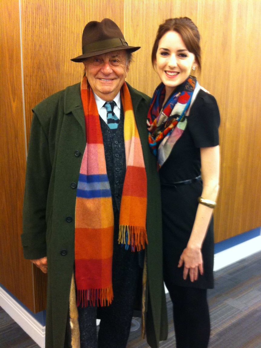 Imogen with Barry Humphries at the ABC London bureau in 2012.