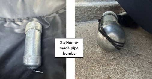 Metal cannisters on ground in composite photos