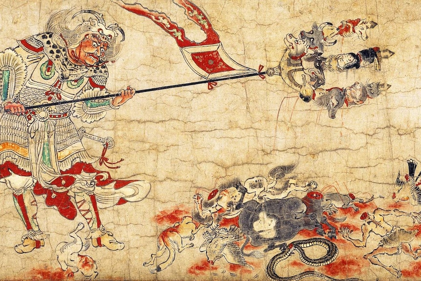 A painting of Sendan Kendatsuba, one of the guardians of Buddhist law, banishing evil.