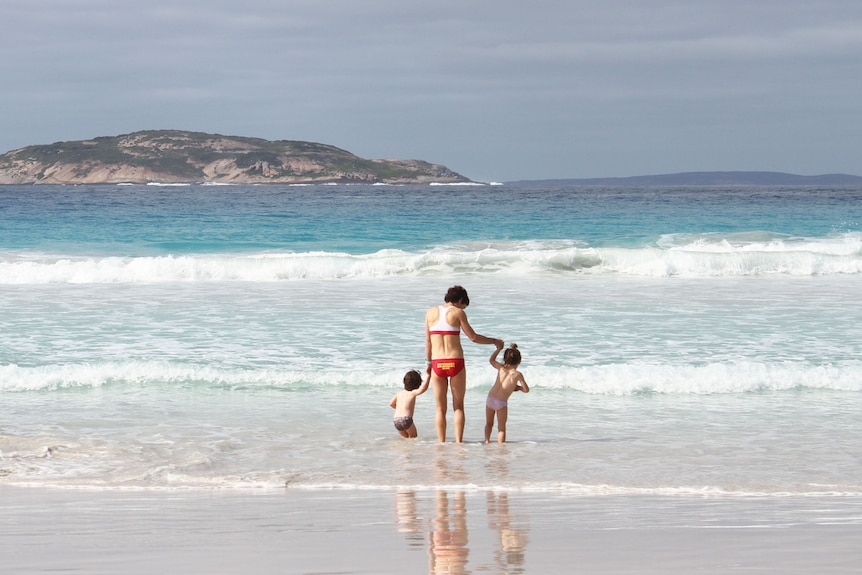 A woman and two children play in the shore at the beach.